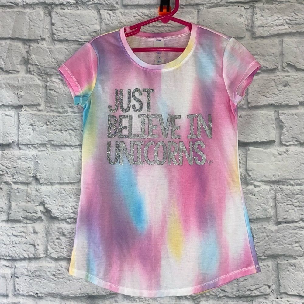 Justice pastel colored just believe in unicorns short sleeve top sz 7 girls